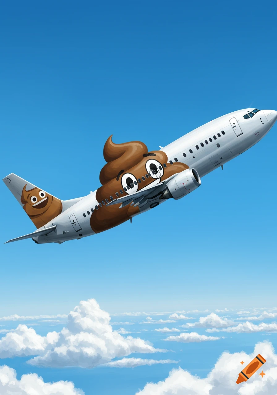 A cartoon white airplane painted like a poop emoji flies through a blue sky with fluffy white clouds.