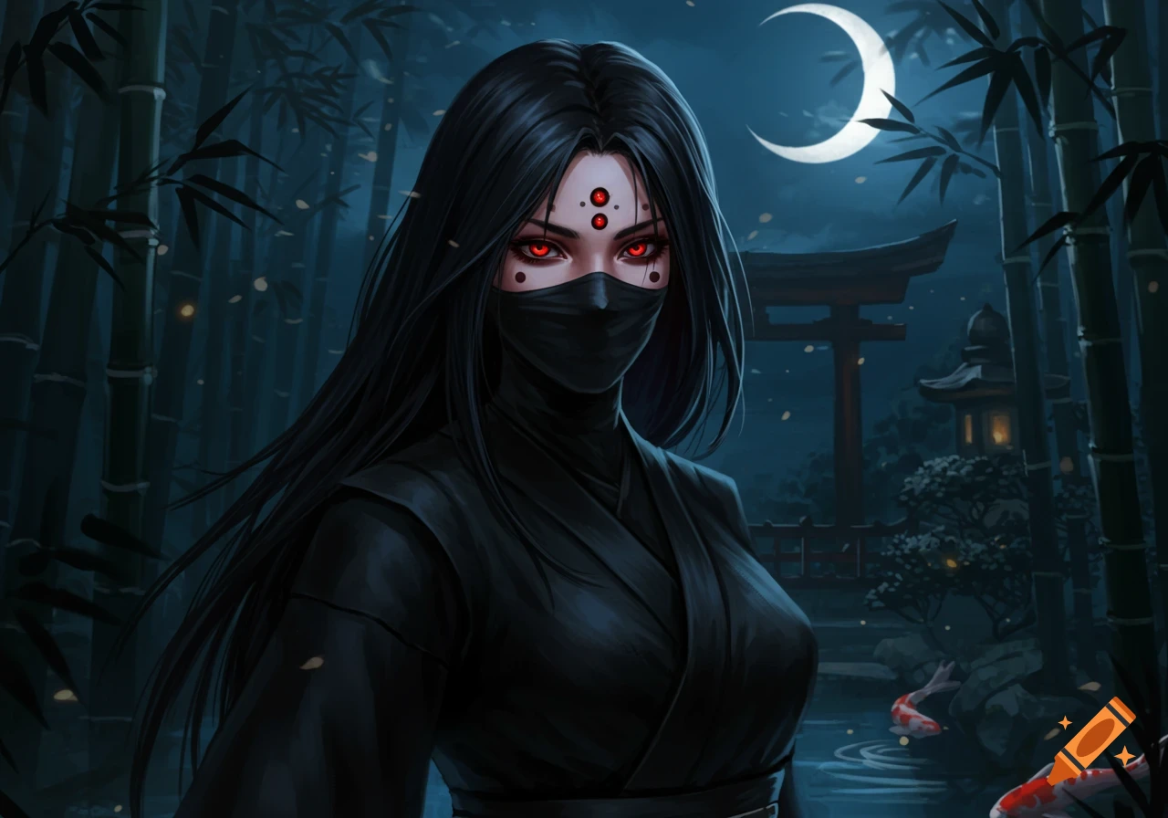 Digital art of a masked female ninja with long black hair, red eyes, and red forehead marks, in a dark Japanese bamboo forest at night.