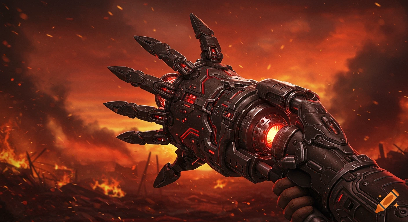 A first-person view of a heavily armored, glowing red mechanical arm weapon against a fiery, apocalyptic landscape.