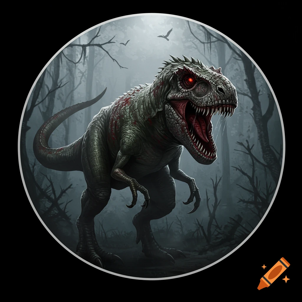 A terrifying dinosaur with red eyes and blood-like markings, roaring in a dark, misty forest, in a circular frame.
