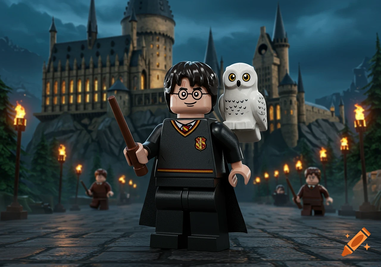 Harry Potter Lego minifigure with Hedwig, wand in hand, in front of a lit Hogwarts castle at dusk.