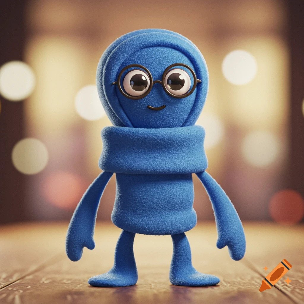 A cute blue felt character wearing round glasses stands on a wooden floor with a blurred bokeh background.