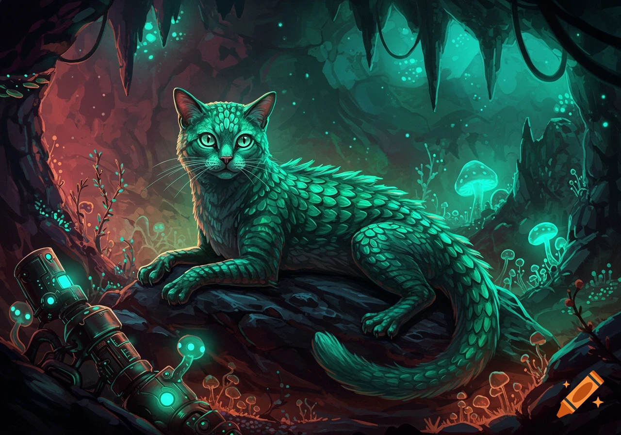 A green scaly cat-lizard creature with glowing eyes rests in a bioluminescent cave with mushrooms and a sci-fi device.