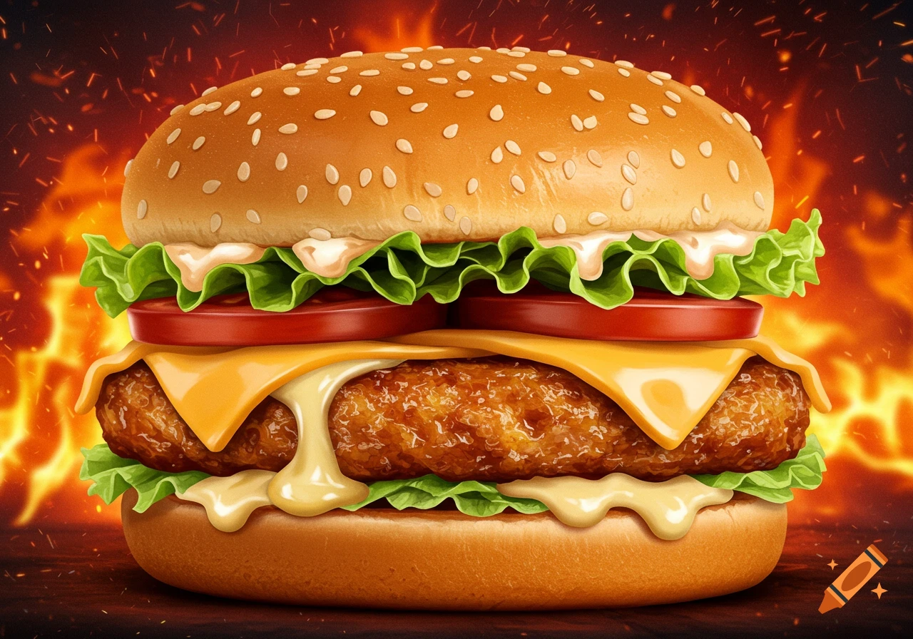 A photorealistic chicken burger with melted cheese dripping, lettuce, tomato, and a sesame seed bun, against a fiery background.