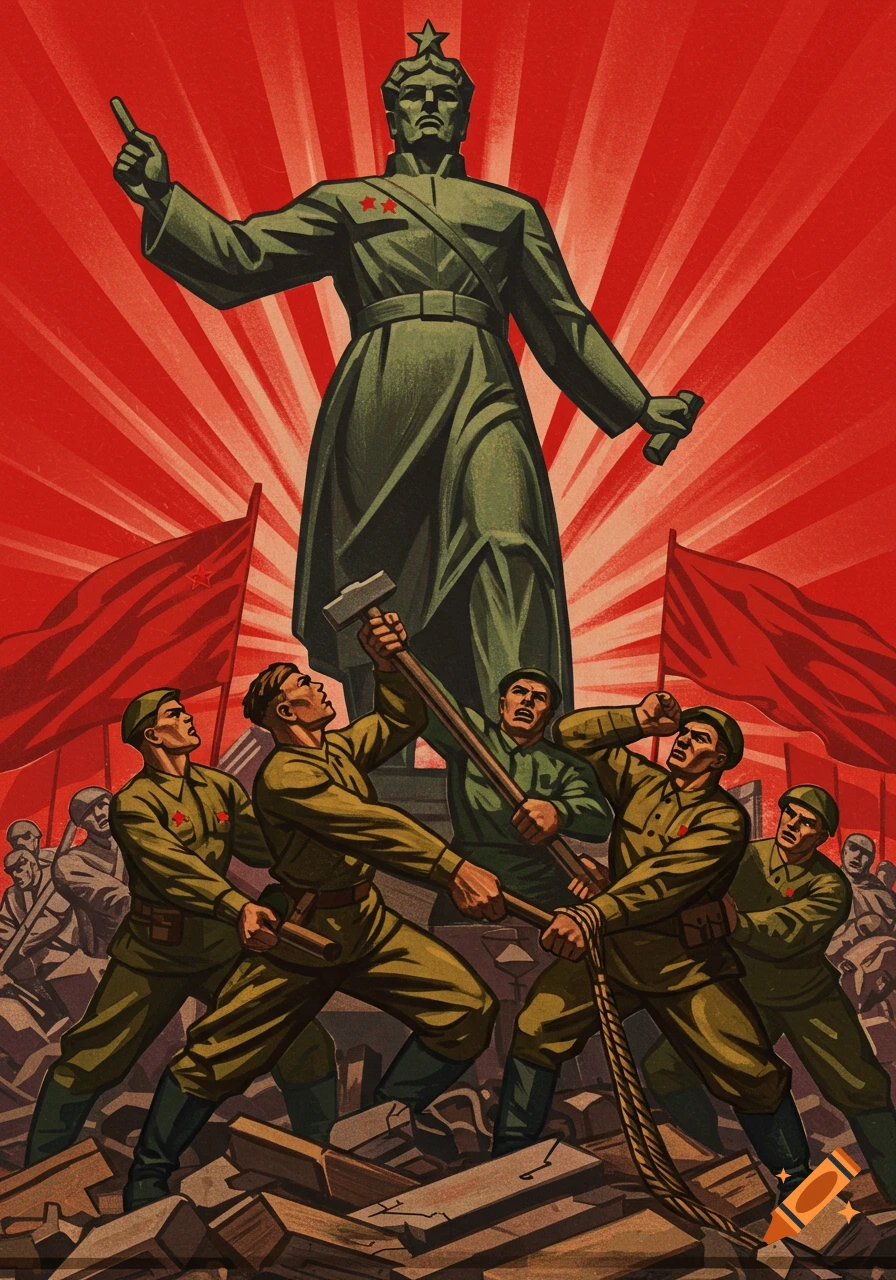 A Soviet propaganda-style poster showing communist soldiers tearing down a large imperial statue against a red sunburst background.
