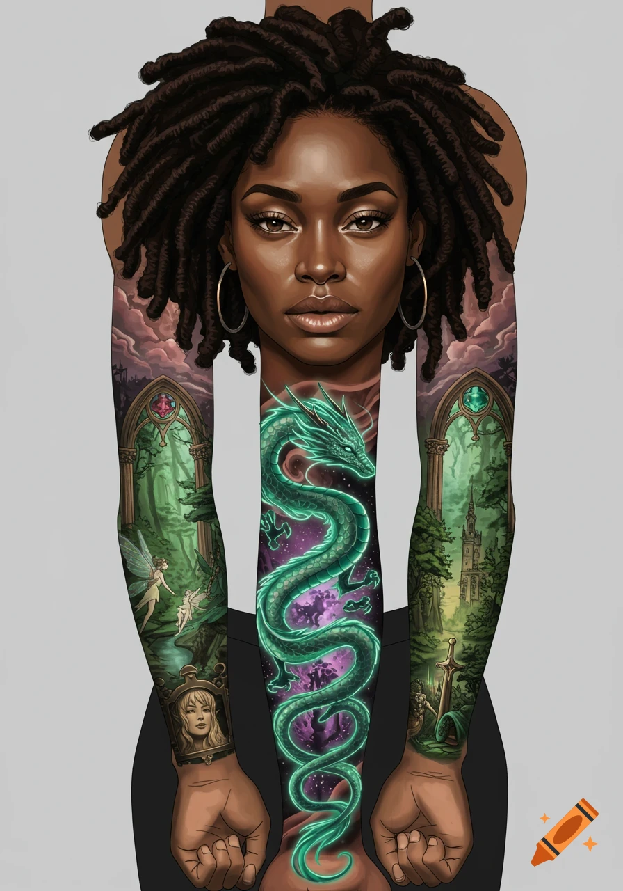 Illustrated portrait of a Black woman with locs and fantasy tattoo sleeves, depicting a green dragon, fairies, and enchanted forests.