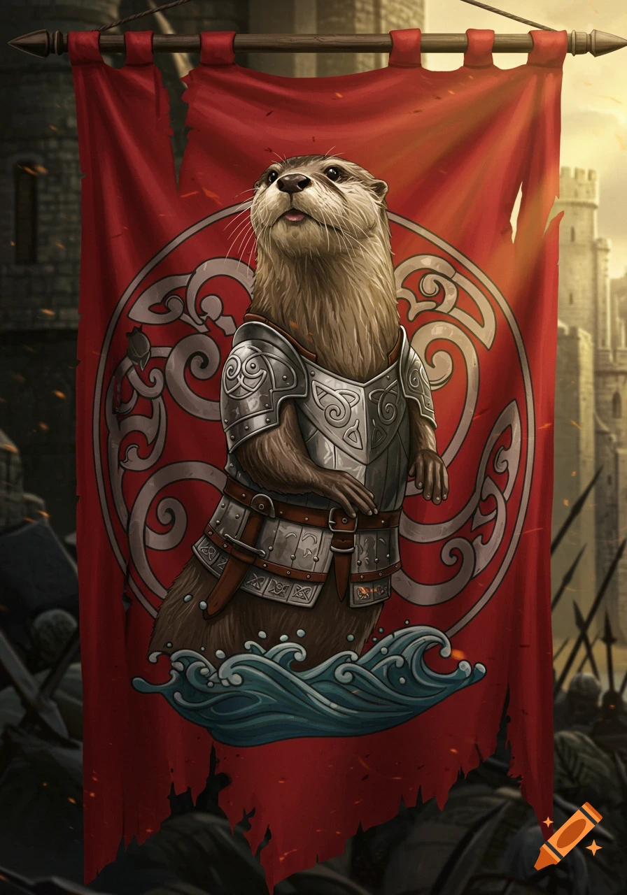 A medieval red flag with an armored otter warrior, set against a castle and battle scene.