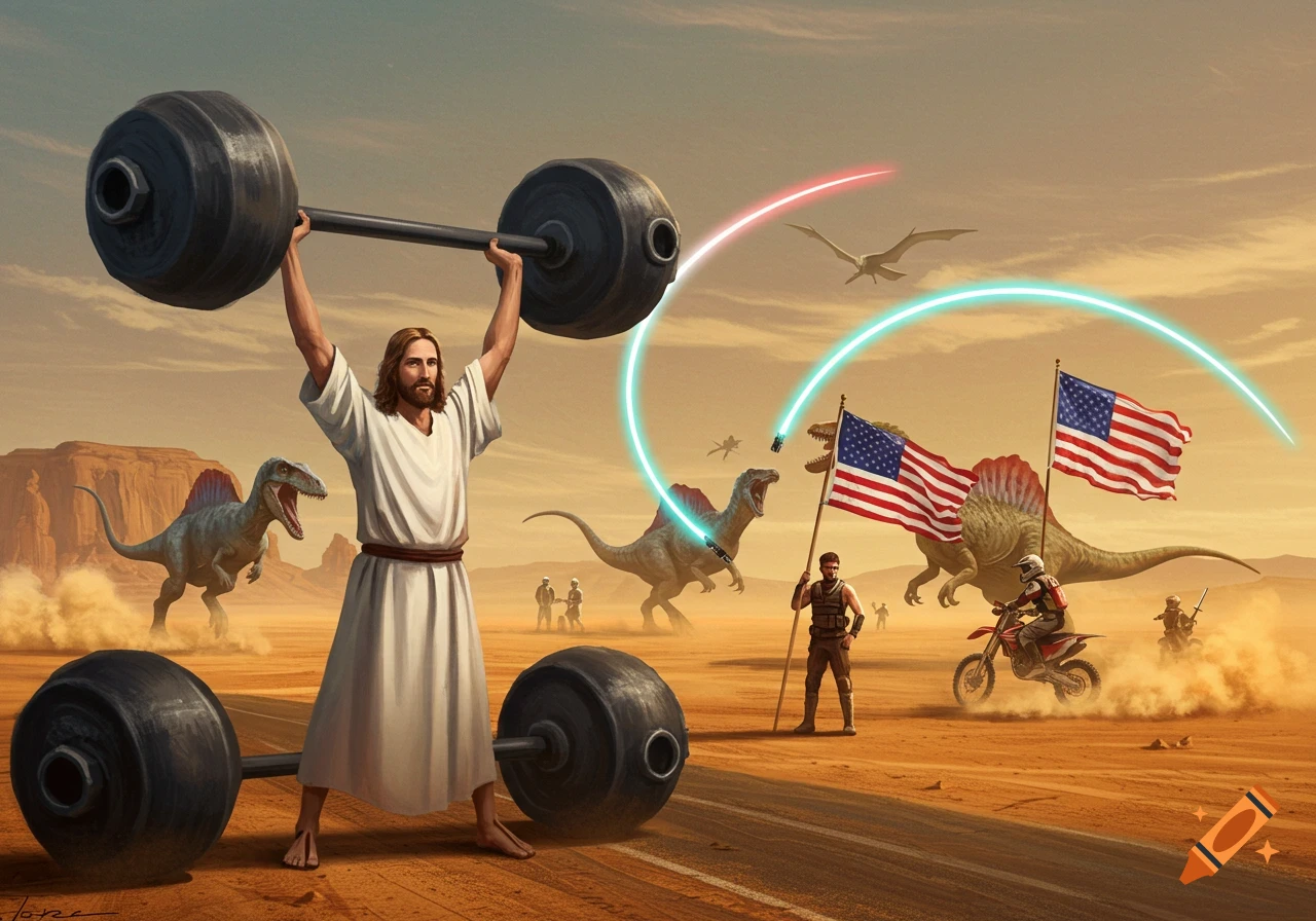 Jesus lifts a heavy barbell in a desert scene with spinosauruses fighting with lightsabers, American flags, a man, and a dirt bike.