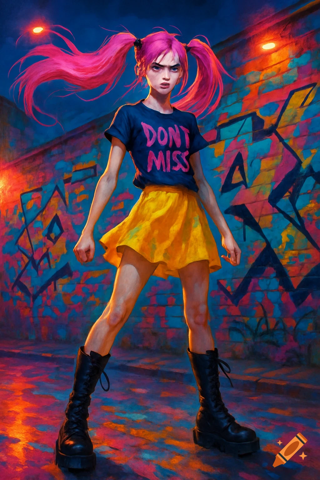 Vibrant art of an angry girl with pink pigtails, yellow skirt, blue 'DON'T MISS' shirt, and black boots against a graffiti wall.