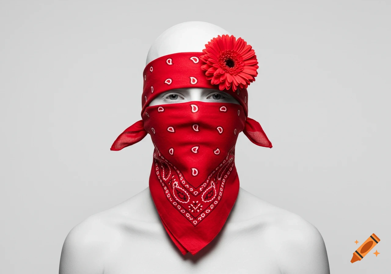 Studio portrait of a person with a white head, red bandana covering lower face, red flower on forehead, eyes visible.