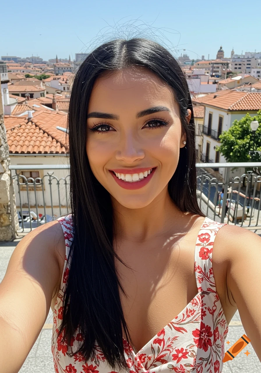 Smiling Hispanic woman taking a selfie with a city view of red-tiled roofs and buildings in the background.