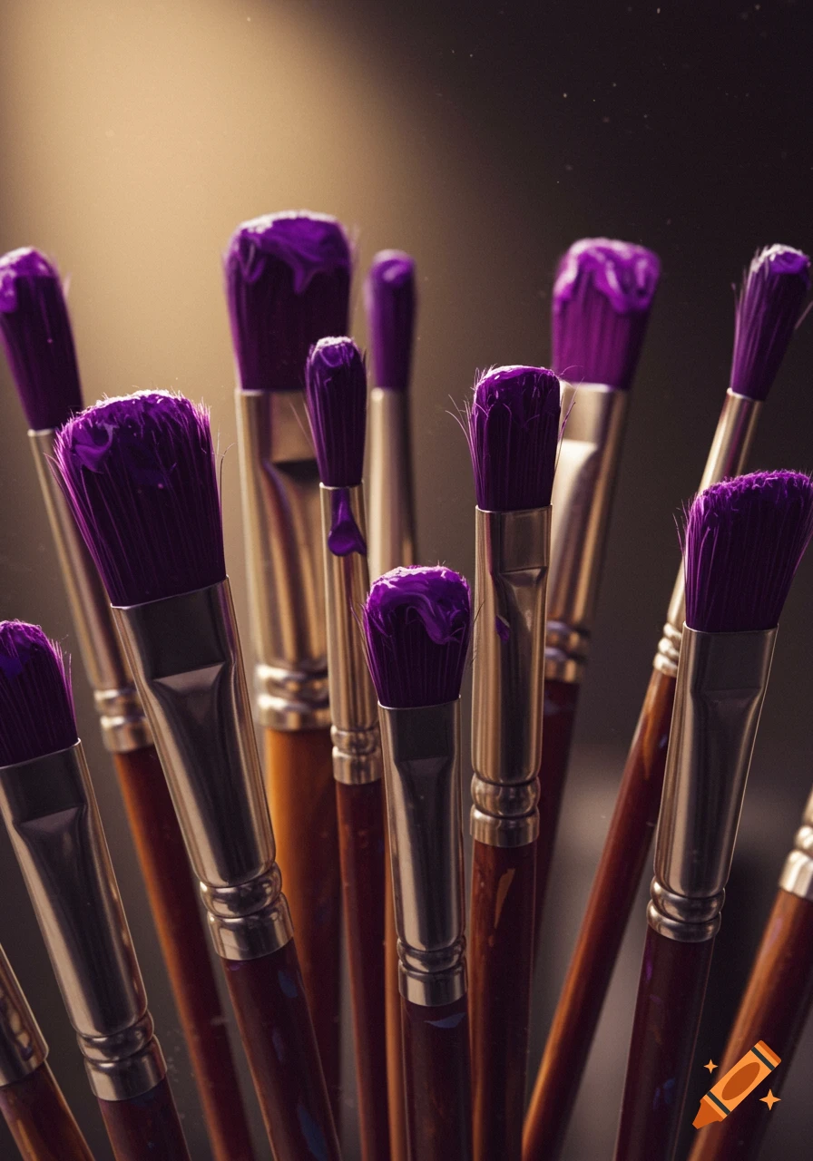 Close-up of many vertically aligned paintbrushes with vibrant purple paint on their bristles, against a warm, dark background.