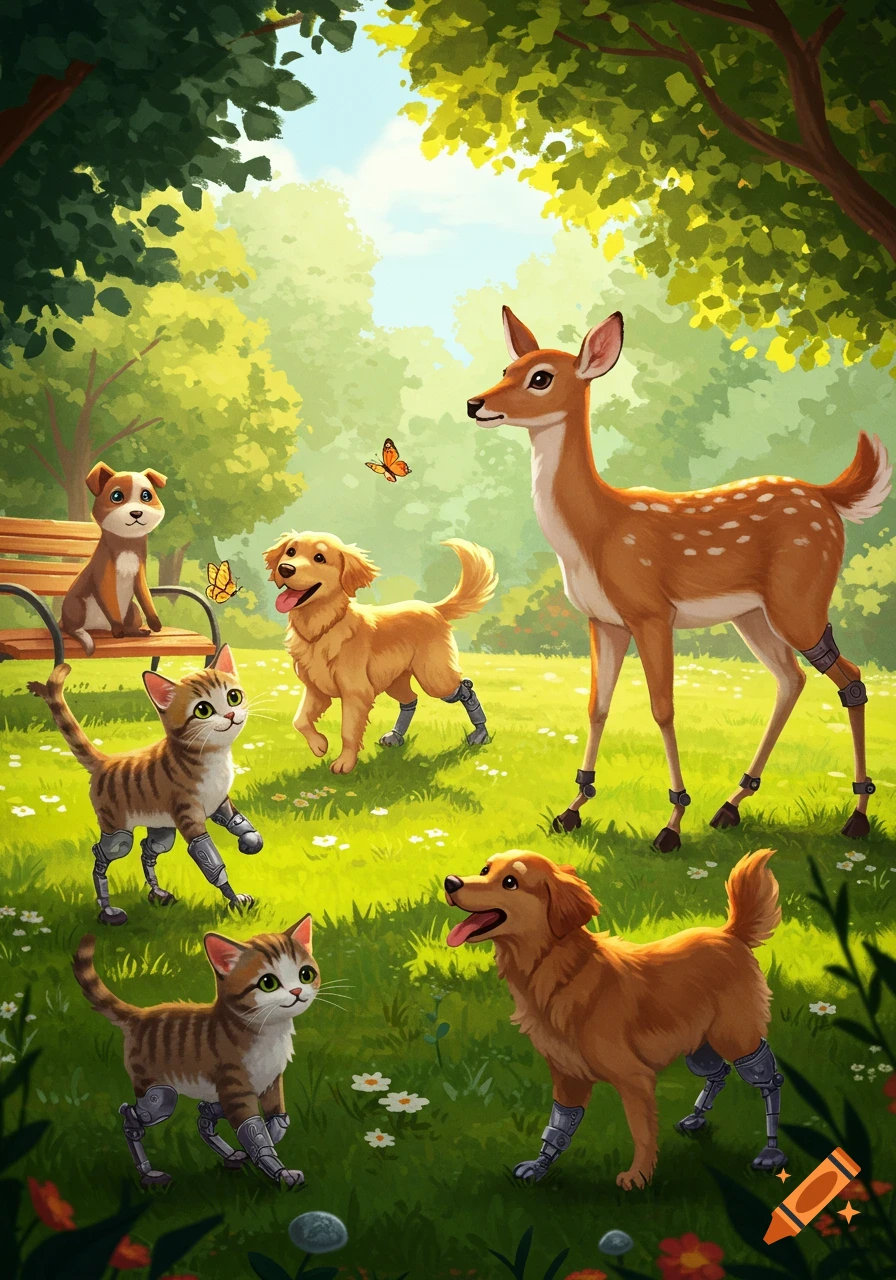 A vibrant cartoon illustration of a deer, dogs, and cats with prosthetic limbs standing happily in a sunny green park with butterflies.