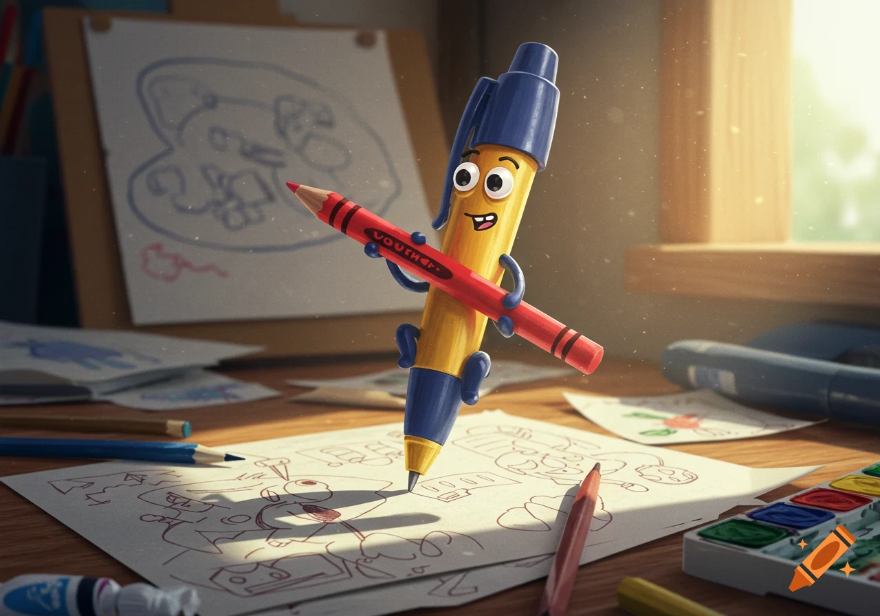A happy cartoon pen character holds a red crayon over a desk filled with children's drawings and art supplies.