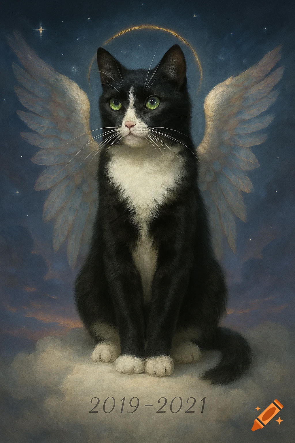 A beautiful oil painting of a black and white tuxedo cat with bright green eyes, angel wings, and a halo, sitting on clouds against a starry night sky. The text '2019-2021' is at the bottom.