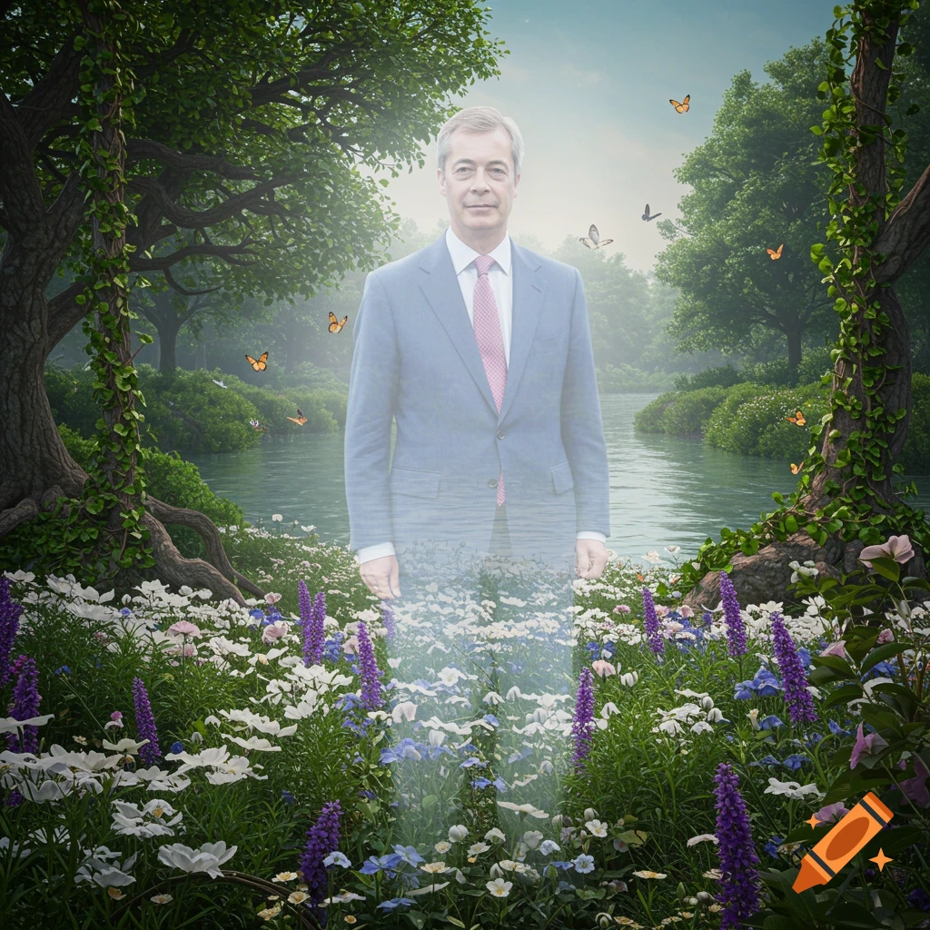 Partially transparent Nigel Farage stands in a lush garden with a river, trees, and butterflies, appearing ethereal.