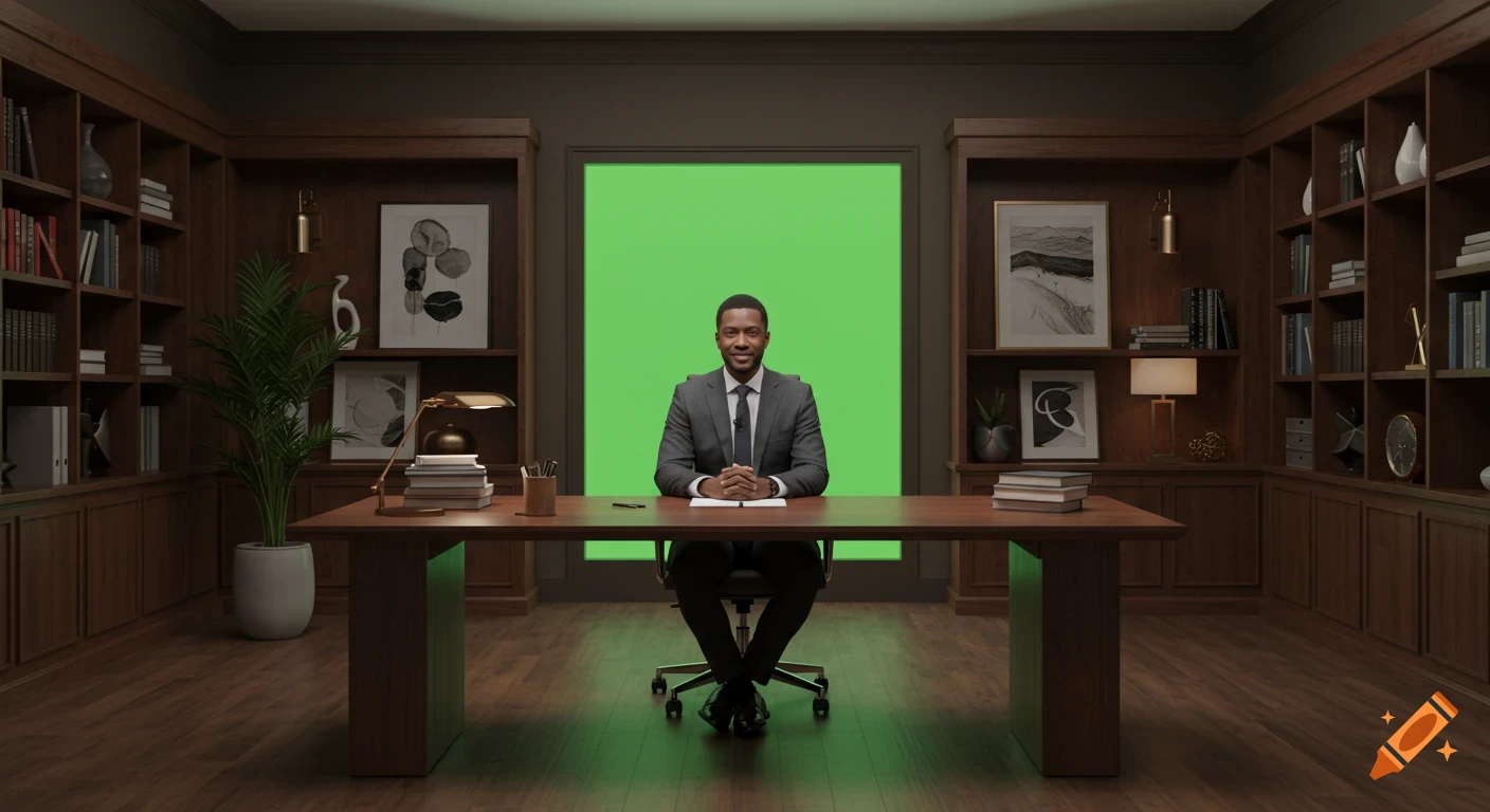 A man in a suit sits at a large wooden desk in a professional office with bookshelves and a green screen background.