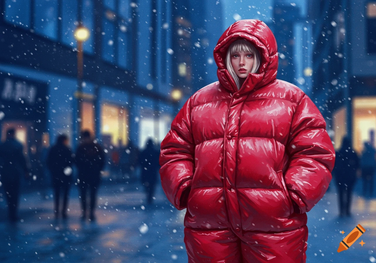 A woman in a bright red puffy down suit stands in a snowy city street at night.