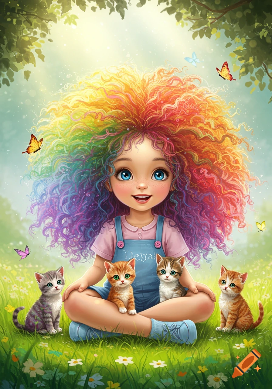 A whimsical illustration of a cute girl with voluminous rainbow curly hair sitting in a sunny field with four kittens and butterflies.