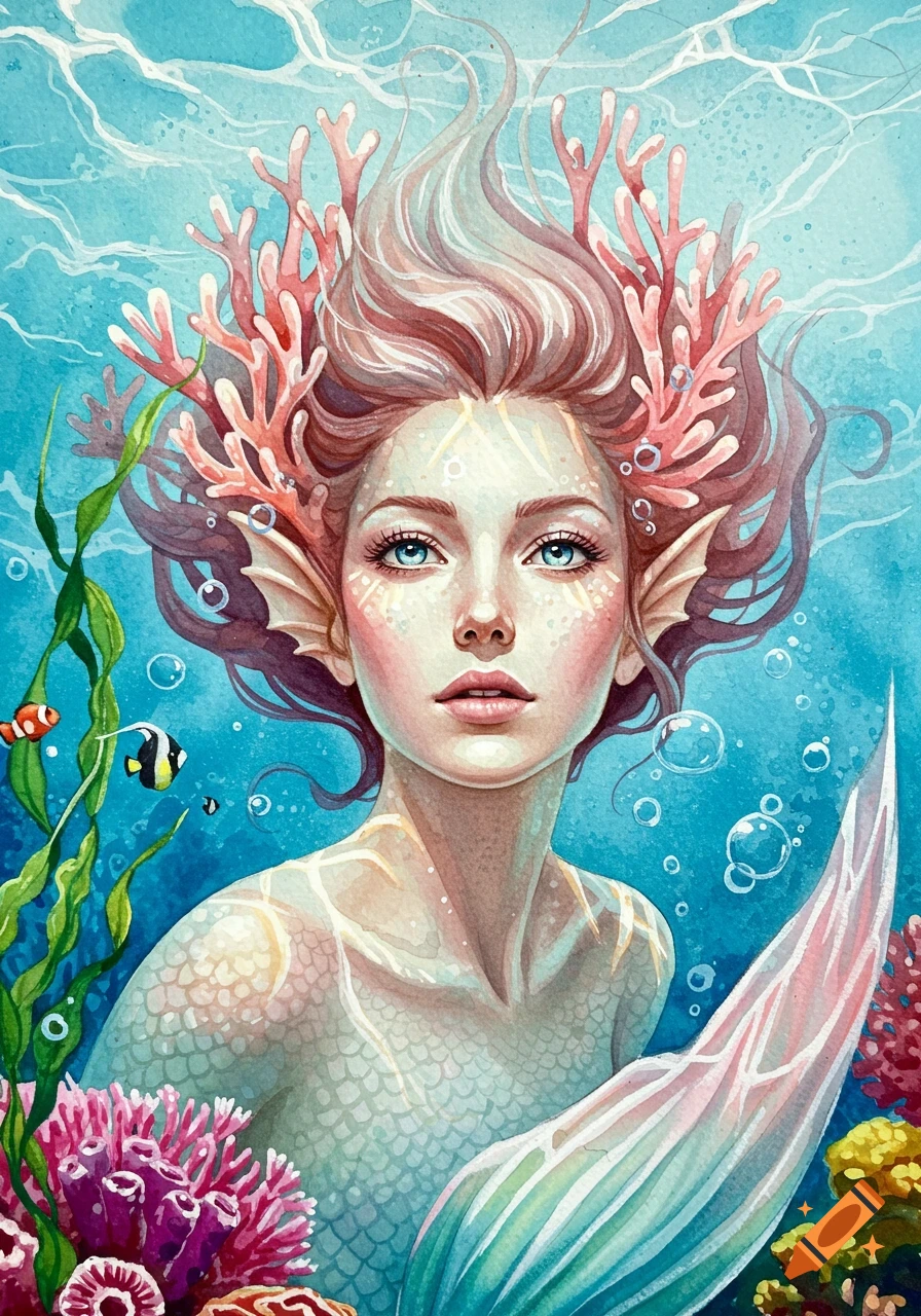 Watercolor portrait of a beautiful mermaid with pink coral hair and blue eyes, surrounded by underwater plants and fish.