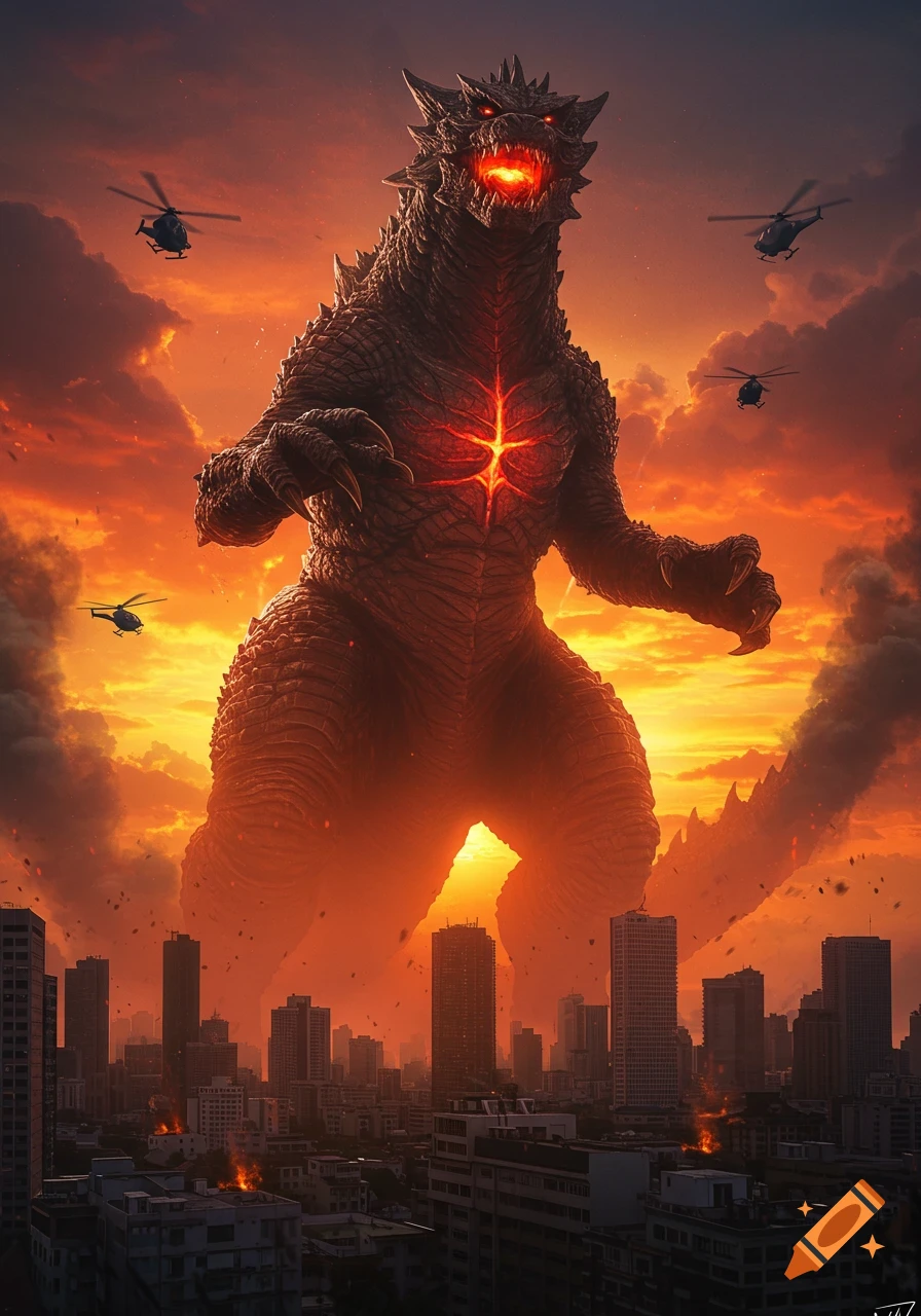 A giant, glowing red kaiju monster stands over a burning city at sunset, surrounded by helicopters.