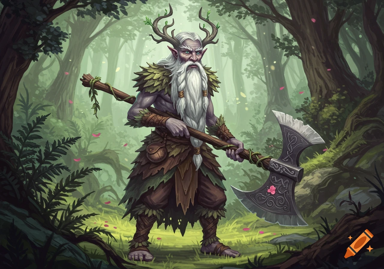 An elder nature character with white hair, a beard, and antlers, wearing leaf armor, stands in a mystical forest wielding a greataxe.