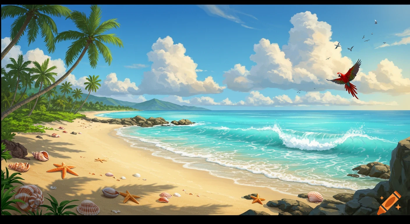 Vibrant stylized illustration of a tropical beach with palm trees, blue ocean, seashells, starfish, and a flying red parrot.