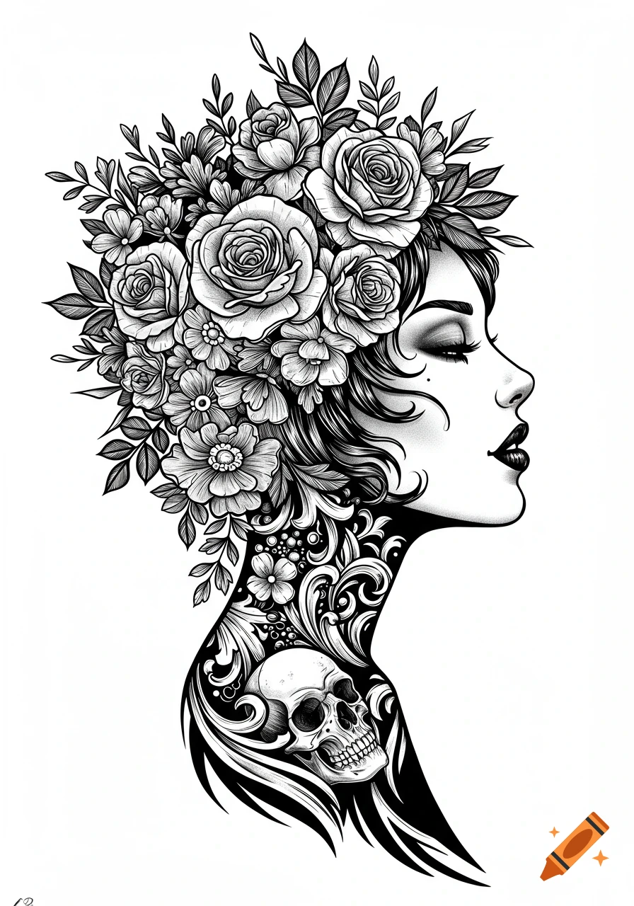 Black and white tattoo-style drawing of a woman's profile adorned with elaborate flowers and a skull.