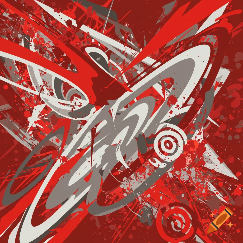 Dynamic abstract art with red, light gray, and white angular shapes, splatters, and swooping lines.