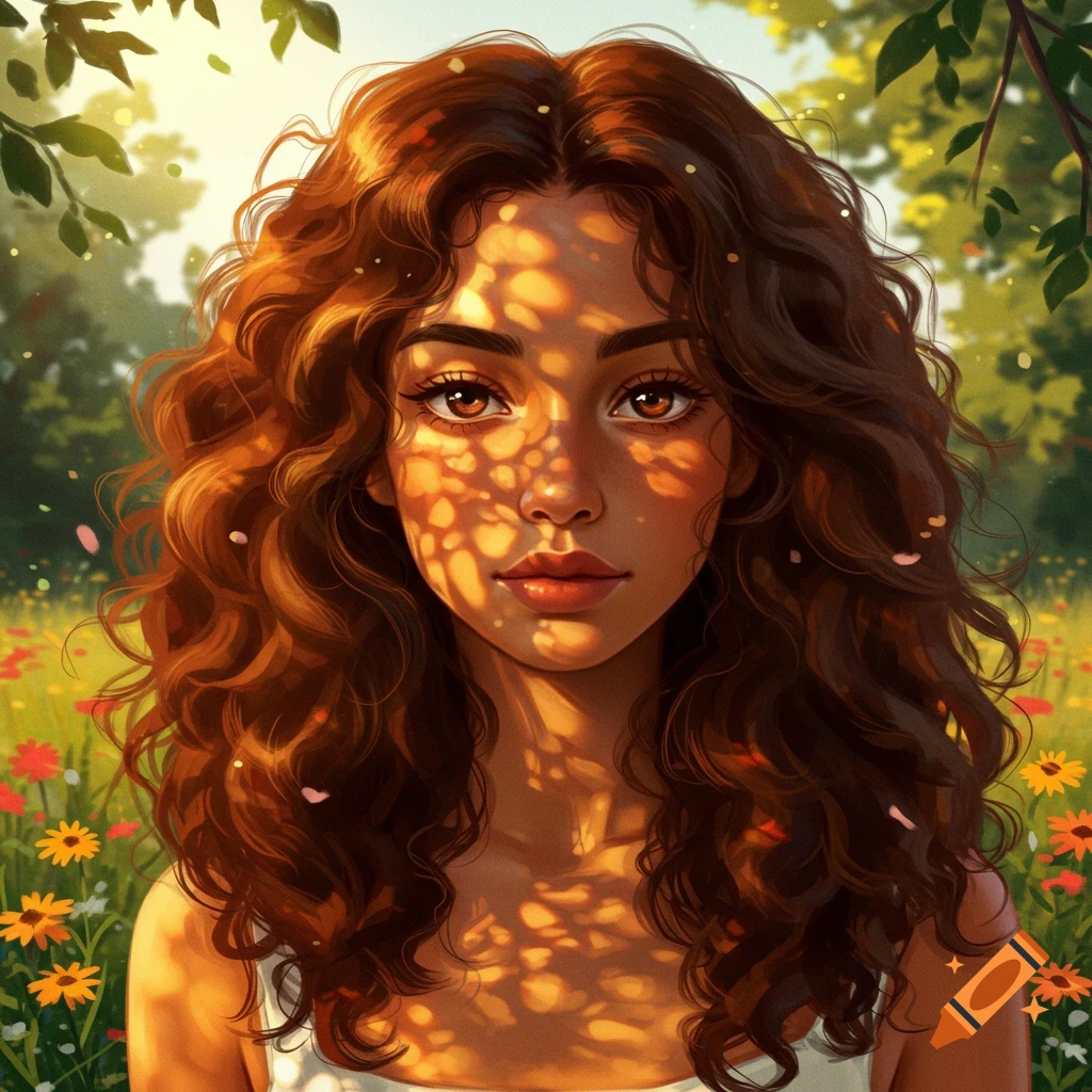 A young woman with curly brown hair and brown eyes stands in a sunny field of flowers, sunlight dappling her face, in an artistic style.