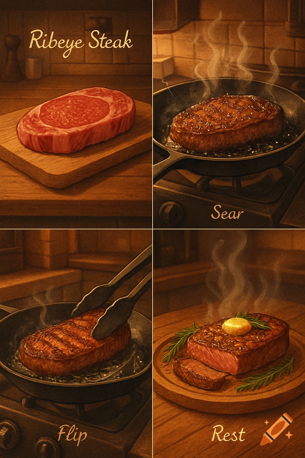An illustrated four-panel guide shows how to cook a ribeye steak: raw on a cutting board, searing in a hot pan, flipping with tongs, and resting with butter and herbs.
