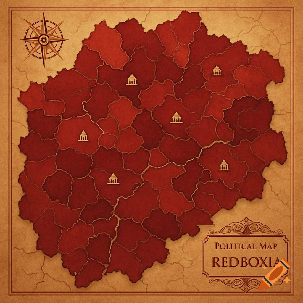 A vintage-style political map of RedBoxia, depicting various red-shaded territories with gold city icons, on a parchment background with a compass rose.