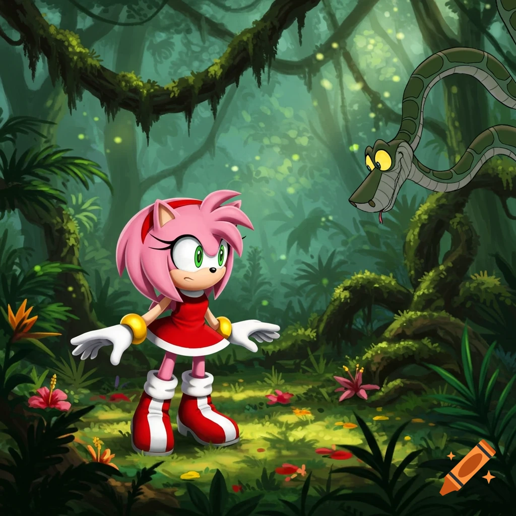 Amy Rose looks startled as Kaa the snake looms over her in a vibrant, lush jungle.