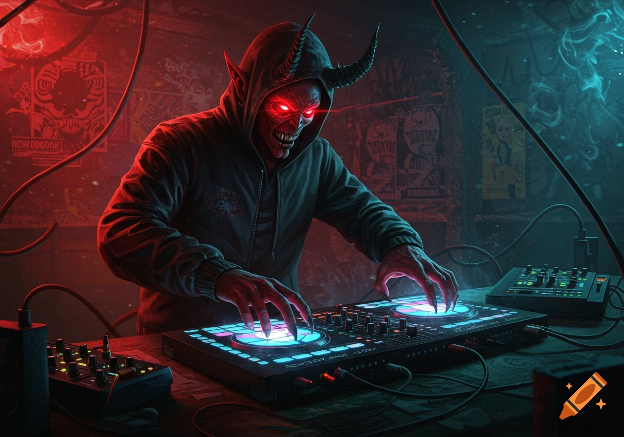 A horned demon in a black hoodie with glowing red eyes, operating a DJ mixer with neon lights in a dark, club-like setting.