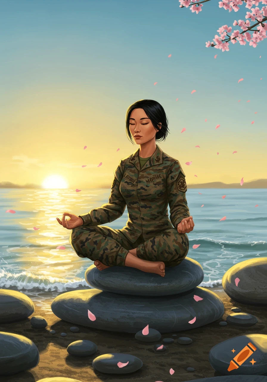 An Asian woman in a military uniform meditates in lotus position on stacked rocks by the sea at sunset, with cherry blossom petals.