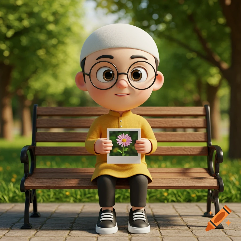 A 3D cartoon of a young boy in a mustard yellow dress, glasses, and white cap, sitting on a park bench holding a photo of a pink daisy.