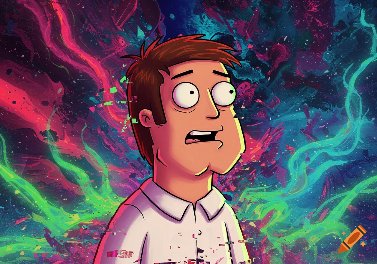 Cartoon portrait of Steve Smith looking surprised against a vibrant, glitchy, abstract background in Alex Pardee's style.