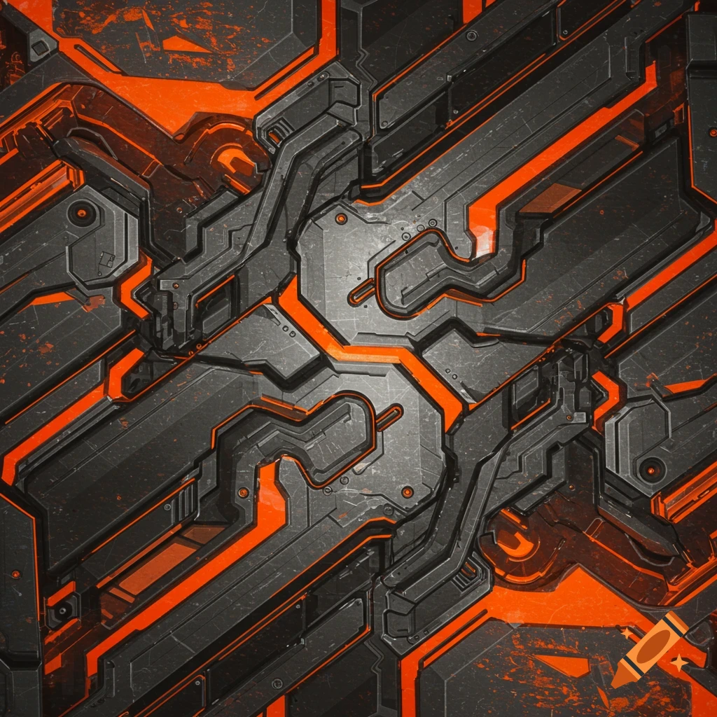 Abstract industrial pattern with dark gray and black metallic panels, glowing orange lines, and distressed textures.