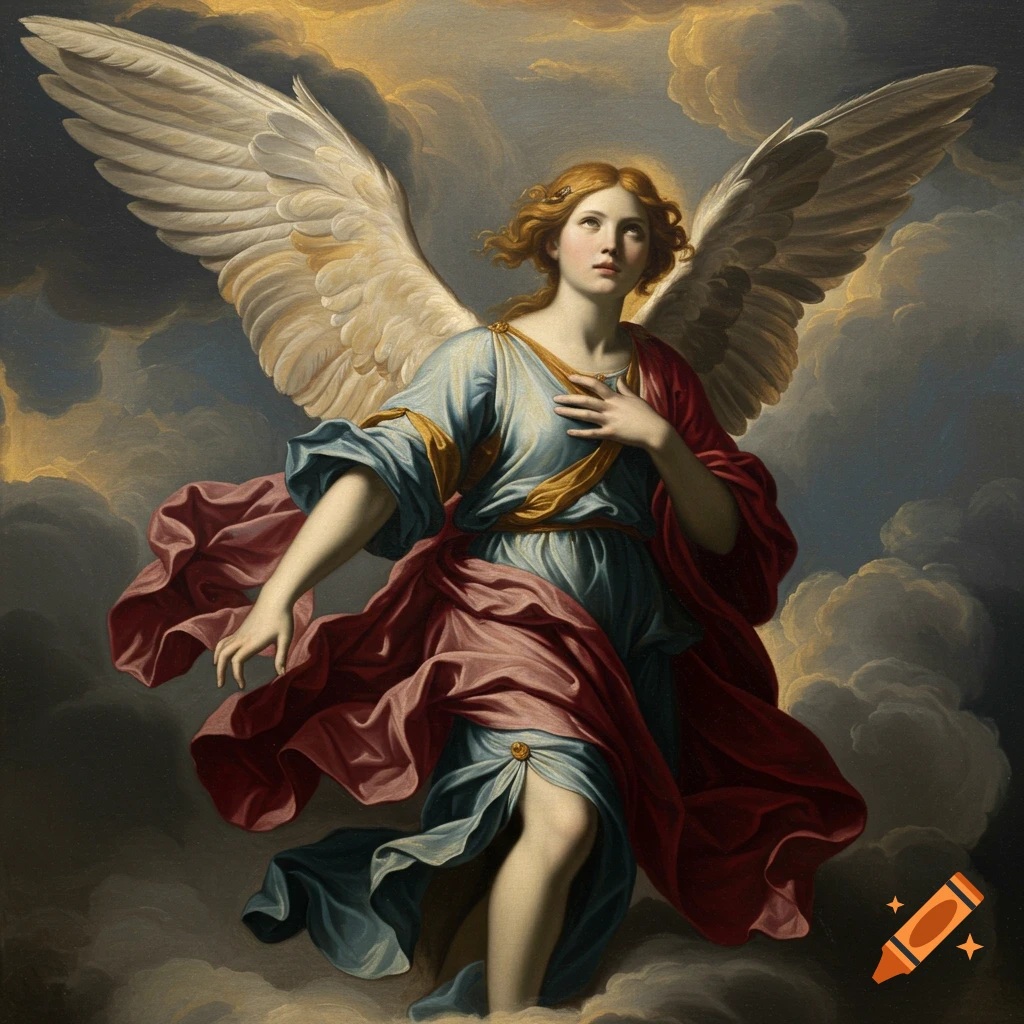 A classical painting depicts an angel with golden-red hair, large white wings, and flowing robes looking heavenward amid golden clouds.