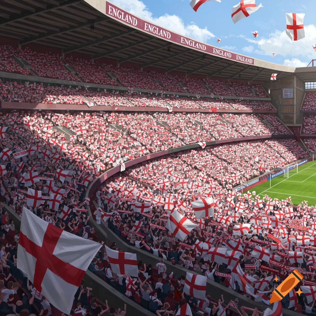 A stadium packed with thousands of England football fans waving St. George's flags under a blue sky, with 'ENGLAND' written on the stadium's upper deck.