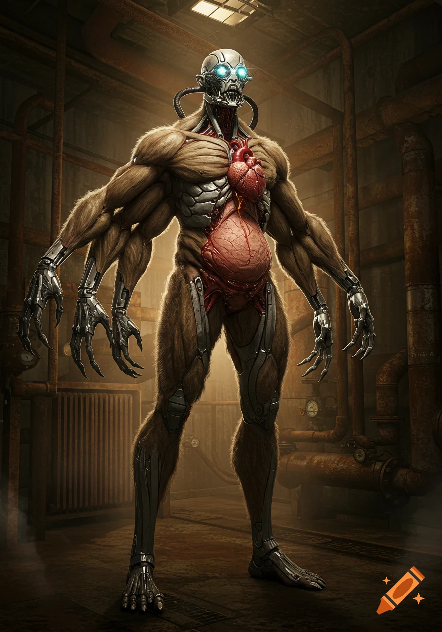 A furry, multi-armed mutant with exposed heart and stomach, metallic limbs and head with glowing eyes, standing in a dark, industrial setting.