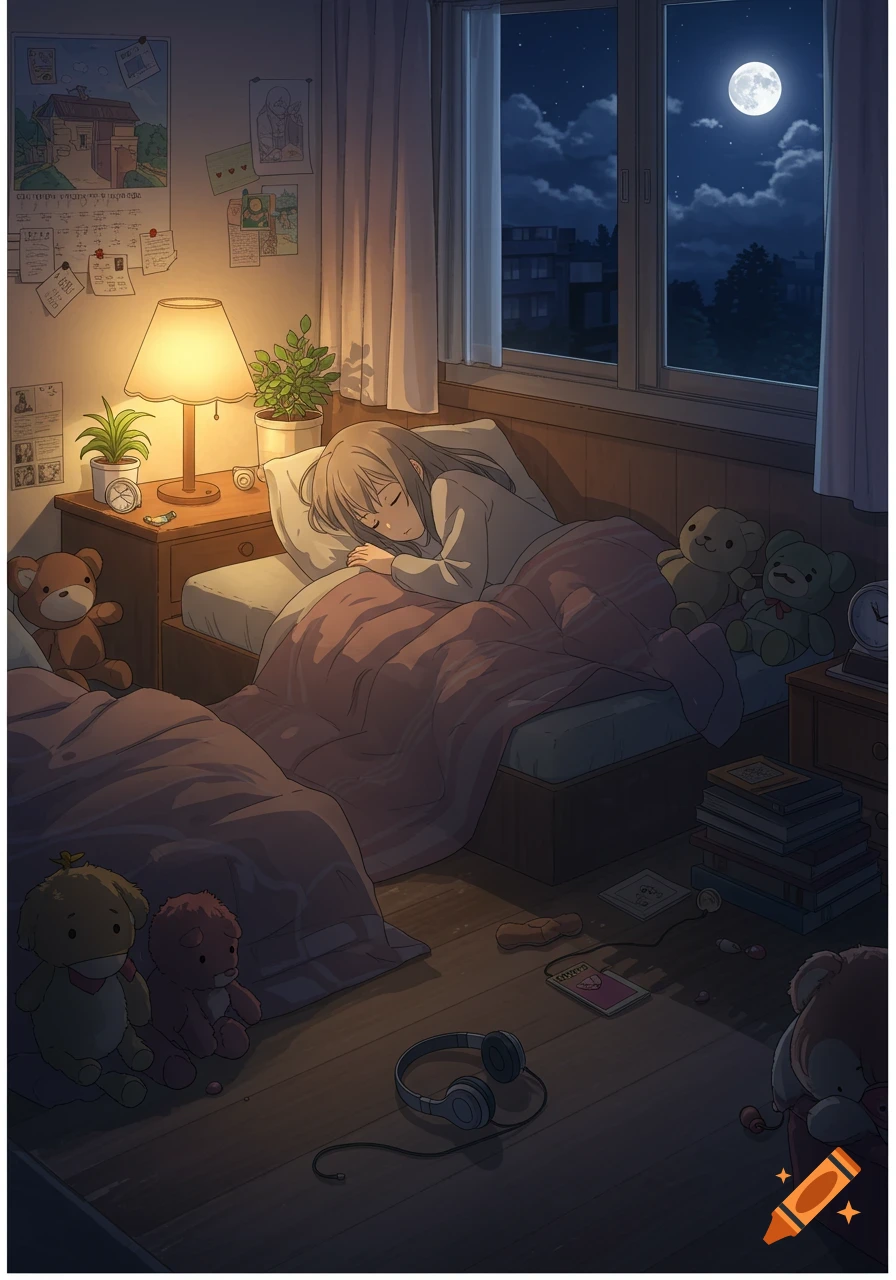 Anime illustration of a girl sleeping peacefully in a cozy, softly lit bedroom at night, with moonlight and plush toys.