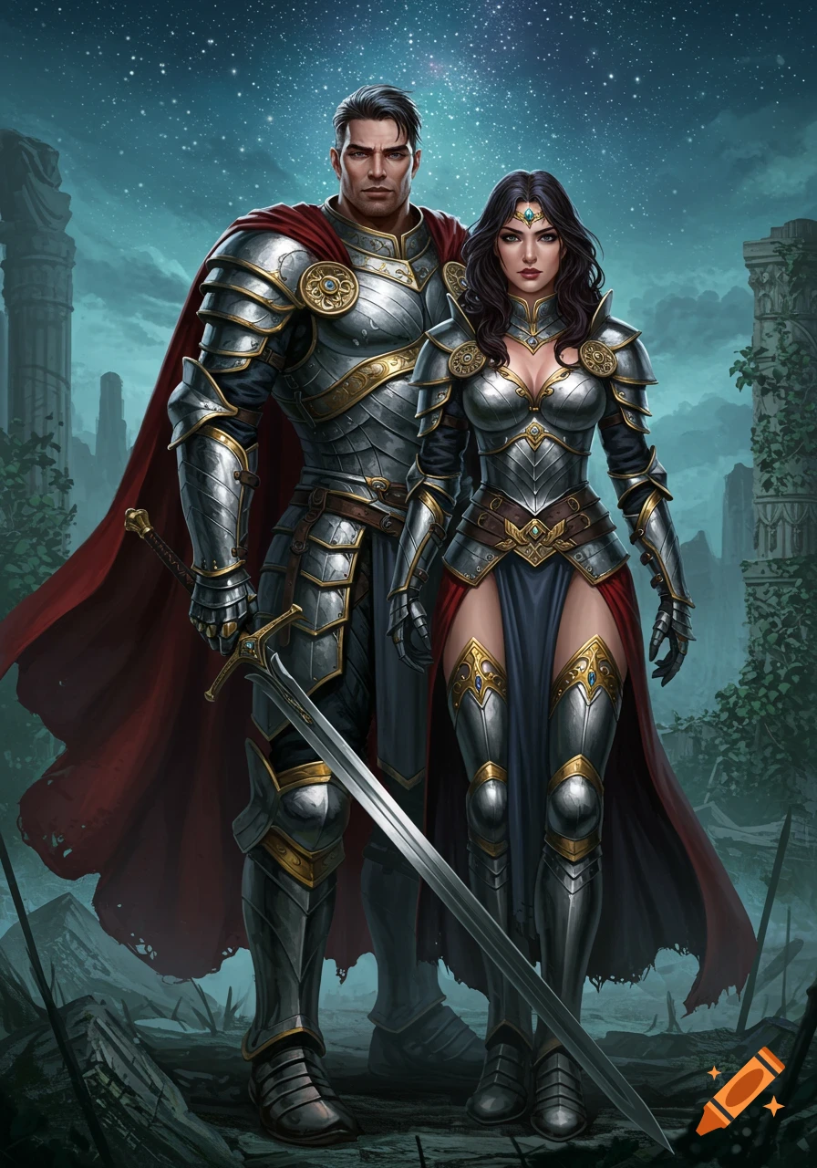A formidable warrior couple in elaborate armor stands amidst ruins under a starry night sky, rendered in a detailed digital art style.