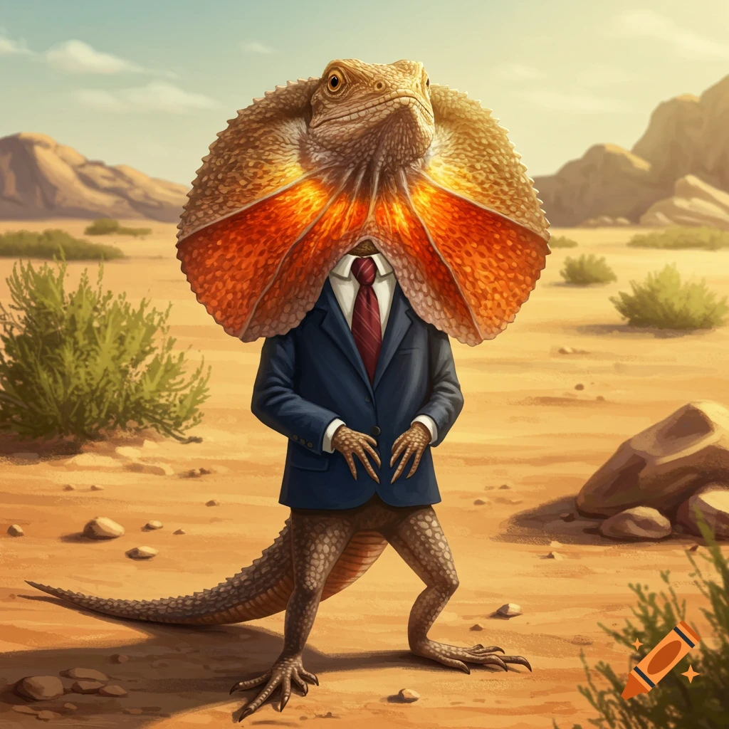 A frilled-neck lizard head on a body wearing a dark blue suit, standing in a sunny desert landscape with mountains in the background.