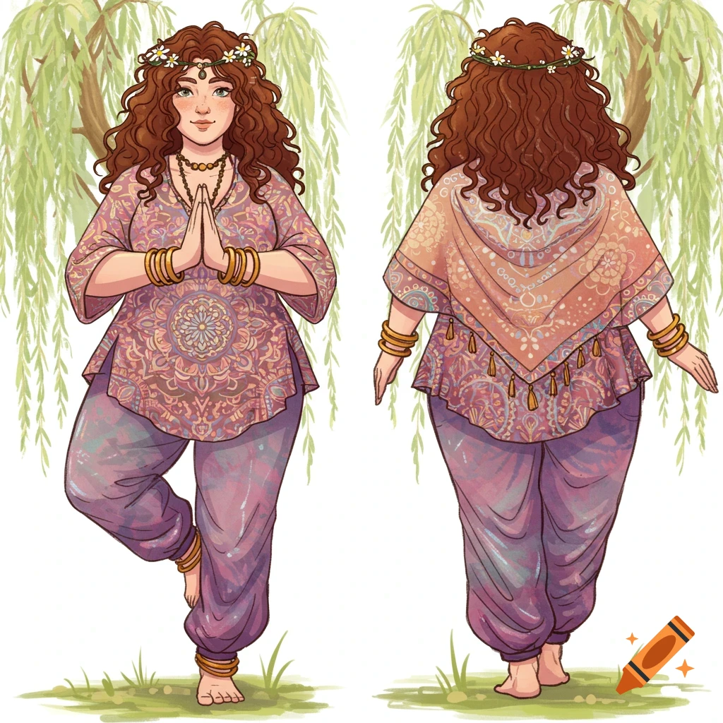 Illustrated front and back views of a plus-size woman in a patterned hippie-style yoga outfit and flower crown doing a yoga pose.