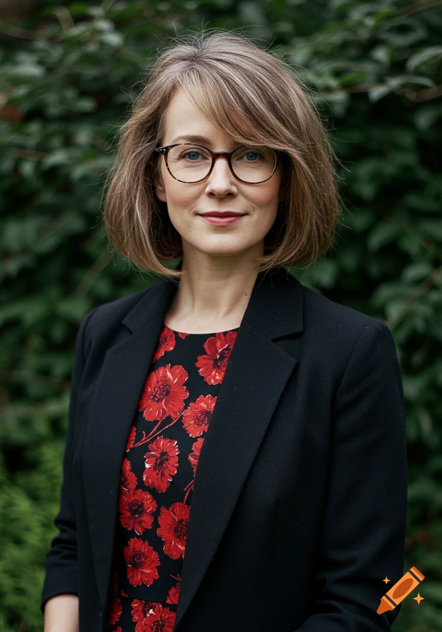 A photorealistic portrait of a smiling woman with a bob haircut and glasses, wearing a black blazer over a red floral dress, against a blurred green foliage background.