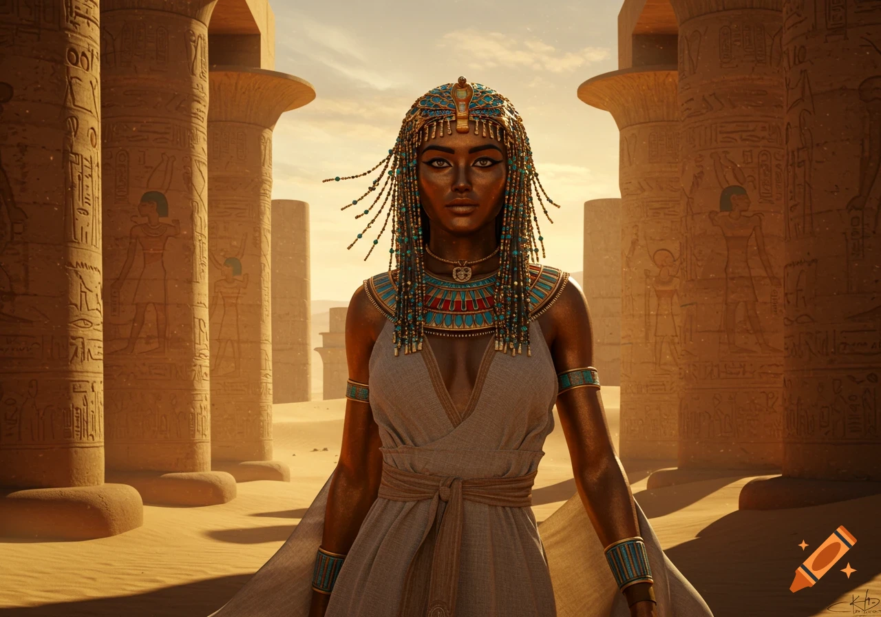 Photorealistic portrait of a female pharaoh in golden skin, adorned with blue and gold jewelry, standing in a sandy desert among ancient Egyptian pillars.