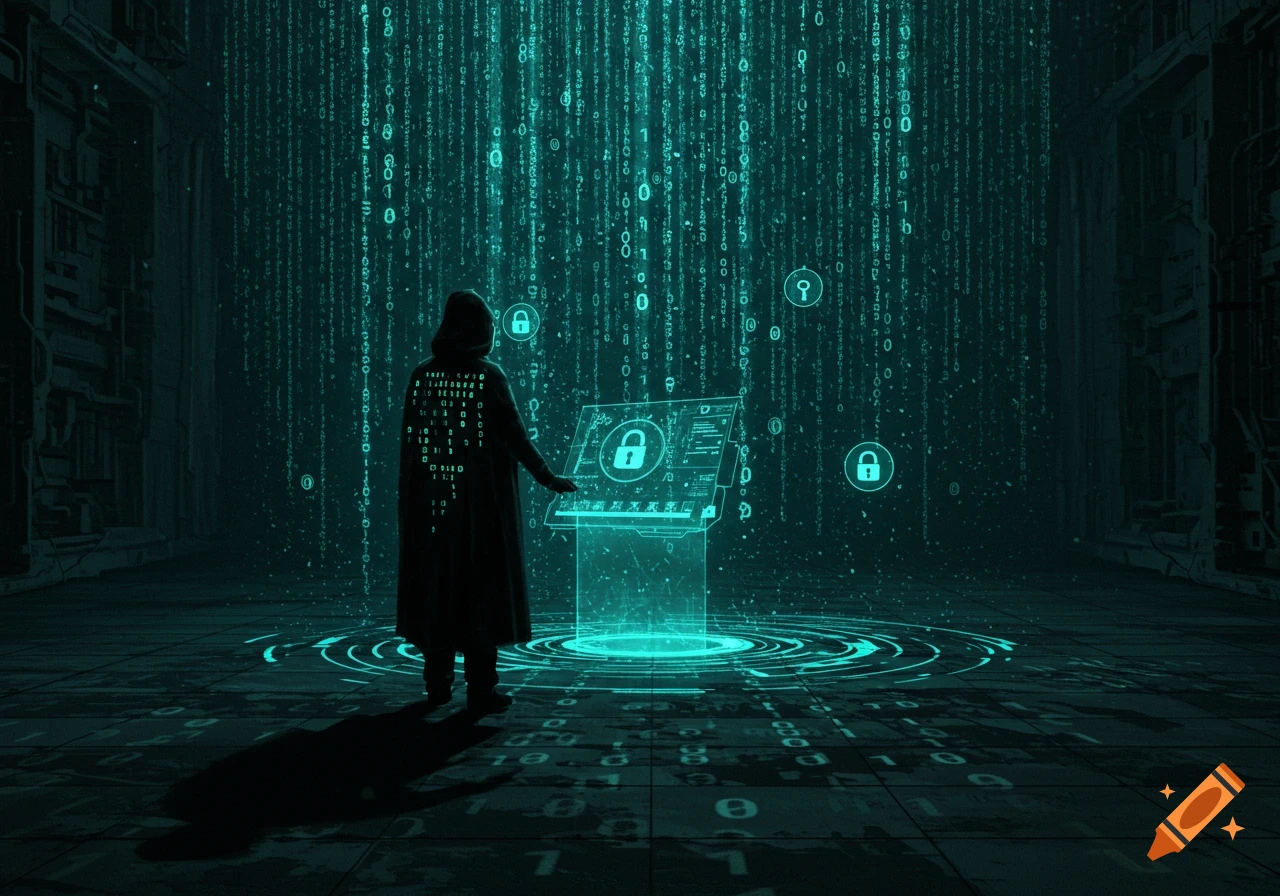 A hooded figure stands in a dark digital room, interacting with a glowing holographic screen amidst falling binary code and lock symbols.