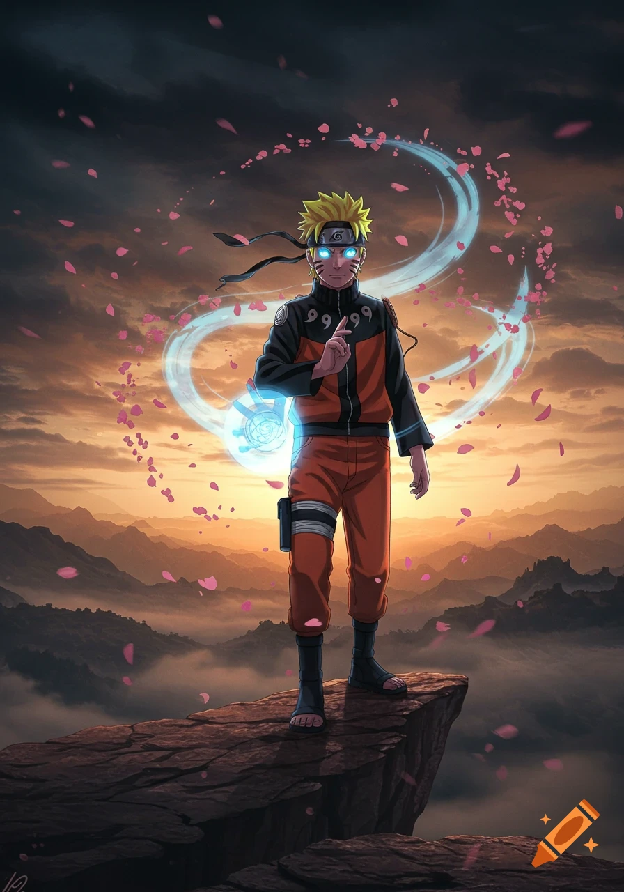 Anime illustration of Naruto Uzumaki in sage mode on a cliff at sunset, a glowing blue orb in hand and pink petals swirling.