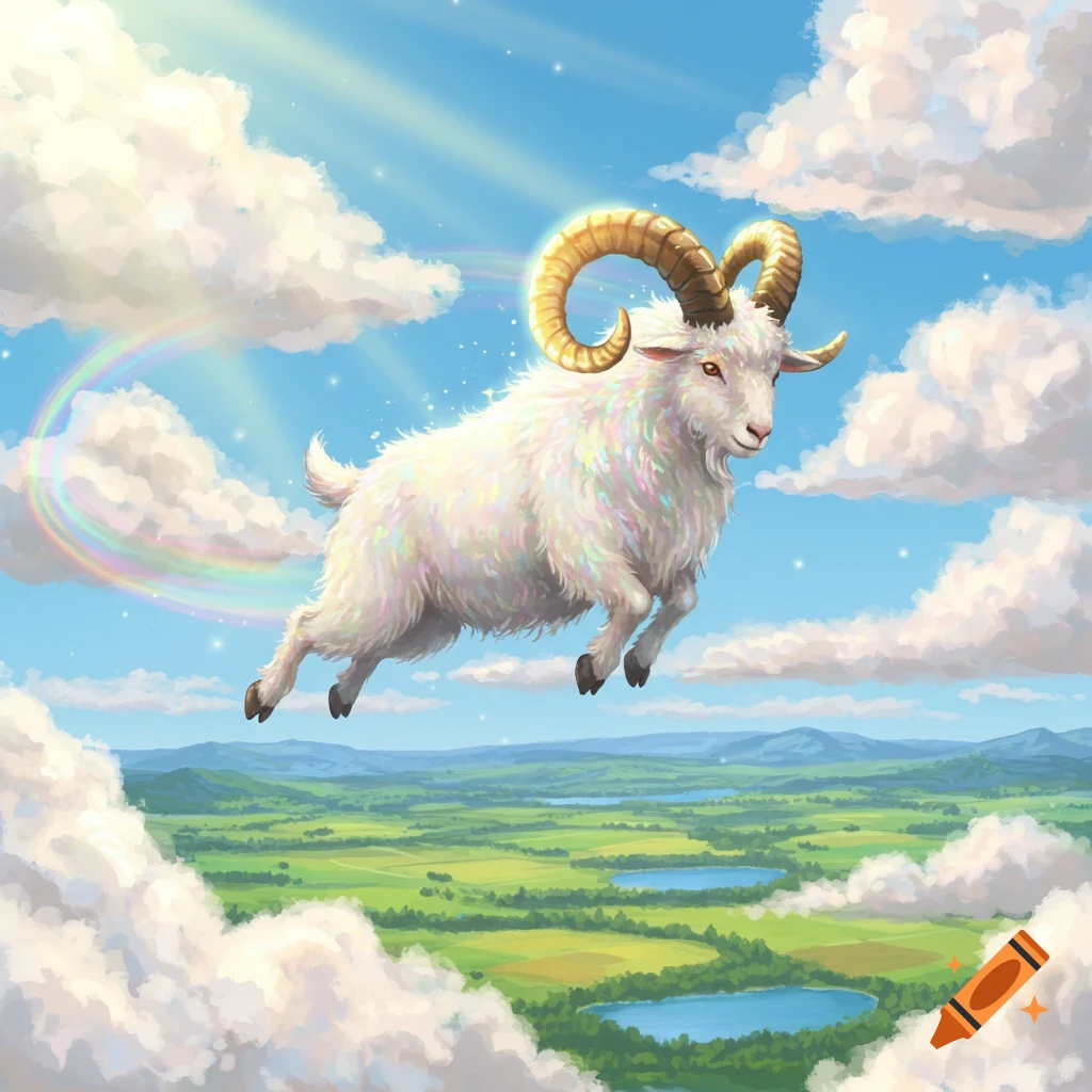 A white goat with large golden horns flies through a blue sky with clouds and a rainbow, over a green landscape.